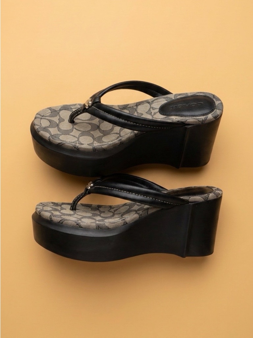 Coach Black Platform Wedge Flip-Flop Sandals with Signature Monogram Footbed